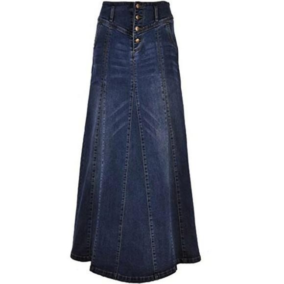 Women's Trendy Dark Blue Denim Skirt A-Line Long Maxi Skirt Plus